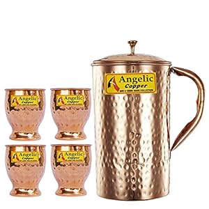Angelic Copper Hammered Water Jug with Glasses Set, Set of 4, Brown