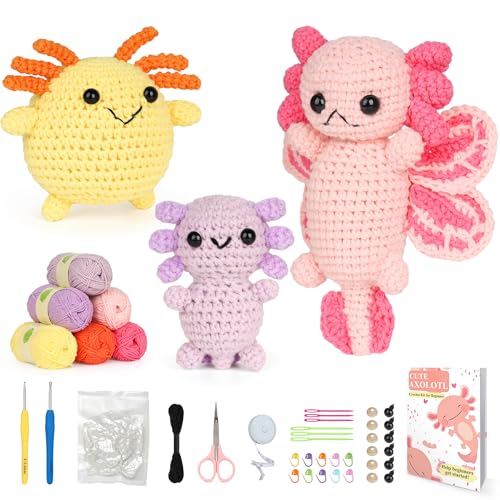 Katech Axolotl Crochet Kit for Beginners, Crochet Starter Kit for Adult & Kids Learn to Crochet Animals Kit w/Step-by-Step Instructions, Knitting Set with Enough Yarn for Beginner- 3 Style