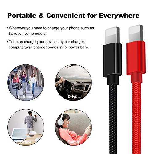 Charger for iPhone, Lightning Cable 2PACK 5FT 6FT, Lightning to USB Cable for iPhone Long Durable Nylon Braided Charging Cord for iPhone X 8 8 Plus 7 7 Plus 6 6 Plus iPad Mini Air Pro, iPod Black Red - Thumbnail 6