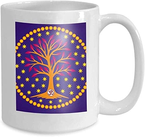 Mug Coffee Tea Cup Tree Life aum om ohm Sign Center Mandala Background Stars Blue Sky Symbol Graphics Logo Drawing 110z
