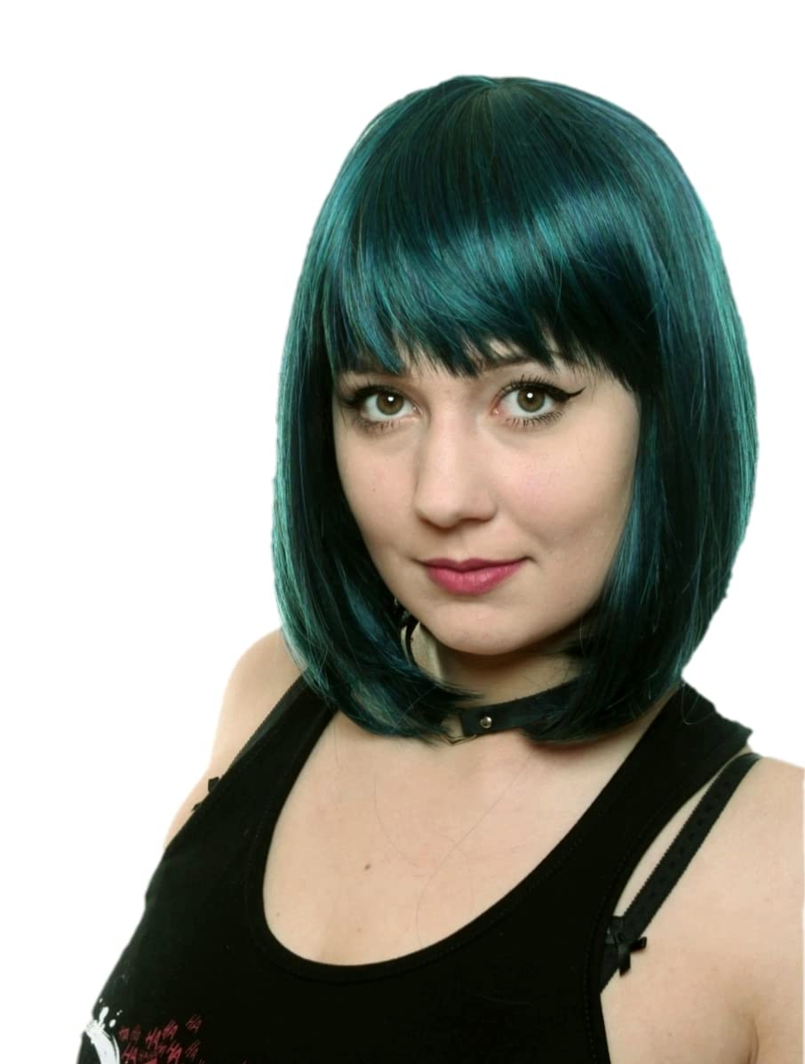 Prettyland Peacock Green Black Blue Turquoise Mid -length BOB Cut Short Hair Wig Straight Bangs Natural Matt C1498 — image 1