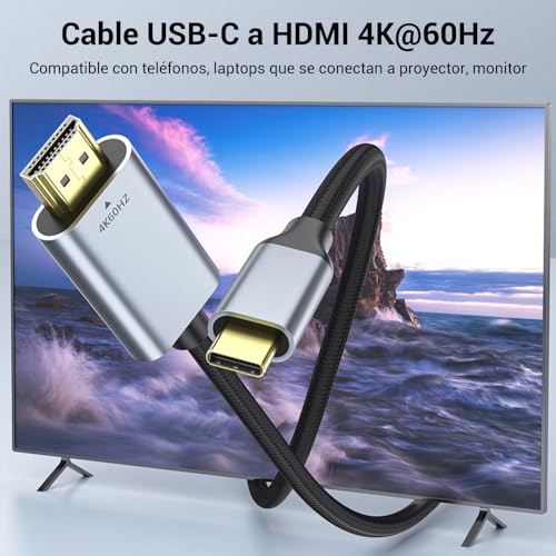 Cable USB C a HDMI 2M, Cable USB Tipo C a HDMI, 4K 60Hz HDMI a USB C Cable HDMI a Tipo C Compatible con MacBook, Samsung Galaxy, Huawei, Teléfonos Móviles, Computadoras, Monitores