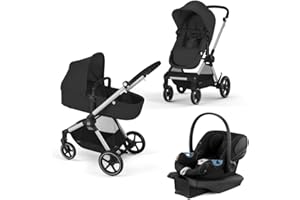 Cybex EOS 5-in-1 Travel System Stroller + Lightweight Aton G Infant Car Seat, Moon Black, Silver Frame