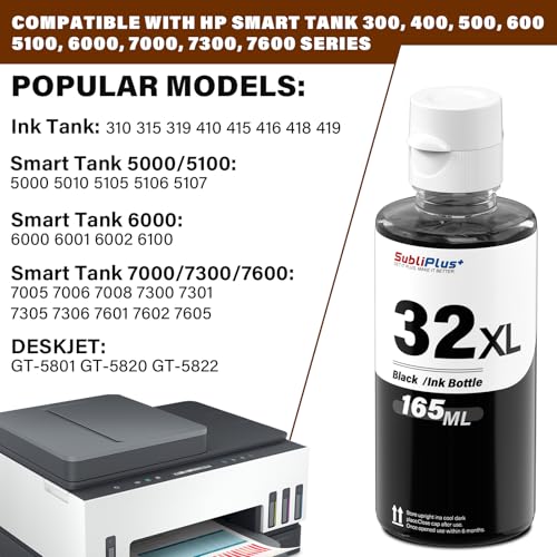 31 32XL Ink Refill Bottles, Compatible with HP Smart Tank Printer 5105 5106 5107 5108 7000 7005 7006 7305 7306 7605, 310 315 410 415 Series and More (165ML 32XL Black, 80ML 31 Color)