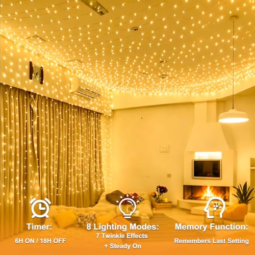 Lichtfam Curtain Lights, 6 x 3 m 600 LED Waterfall Lights with Plug, 8 Modes Decoration Wedding Waterproof Curtain Light for Balcony Garden Party Wall Ceiling Room Indoor Outdoor
