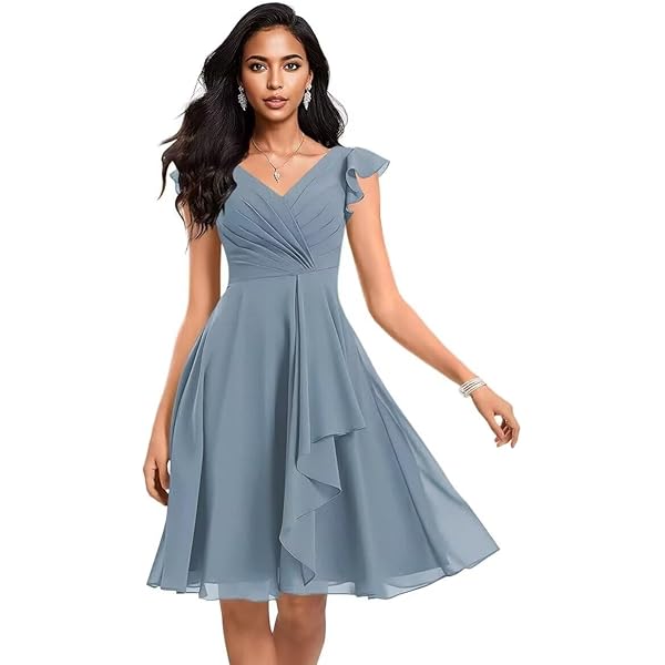 Amazon.com: Sewavai Aqua Blue Bridesmaid Dresses for Women Knee Length Chiffon  Ruffles V Neck Sleeveless Evening Formal Dresses Size 2 : Clothing, Shoes &  Jewelry