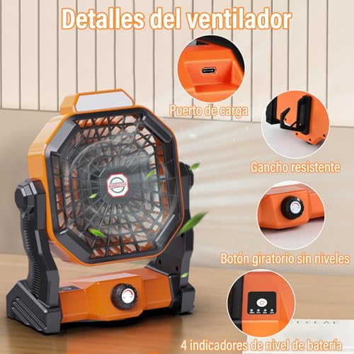 KIROGILY Ventilador Portatil, Abanico Portatil 10400 mAh, Ventilador Recargable con Luz LED y Gancho, Ventilador Camping 3 Niveles de Brillo, Ventilador de Escritorio para Camping, Viajes, Hogar
