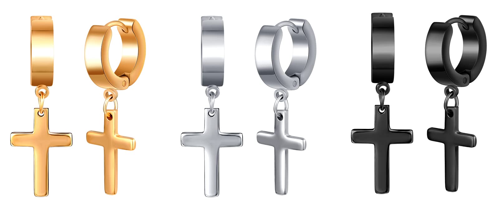 Feilok 3 Pairs Stainless Steel Cross Huggie Hoop Mens Stud Earrings Set Piecing Jewellery for Women Men silver black rosegold