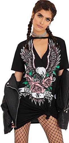 Women's Ladies Choker Neck T Shirt Dress Biker King Of Road Love N Live San Francisco American Slogan Printed Tops