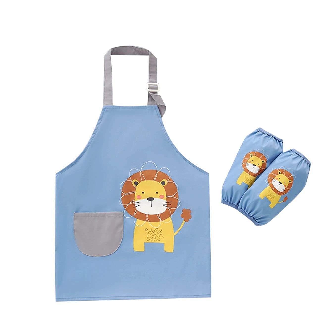 JZK Adjustable waterproof kids apron and oversleeve set, blue children kitchen apron with pocket for boys for school cooking, baking, painting, gardening apron