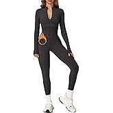 AEEZO Womens Fleece Lined Contour Seams Workout Jumpsuits Zip Up Thermal Yoga Rompers Sexy One Piece Bodycon Playsuit