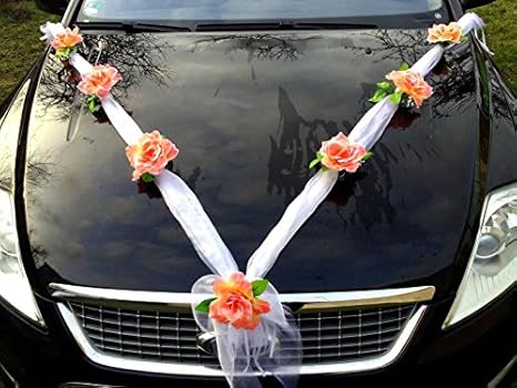 Organza M Auto Schmuck Braut Paar Rose Deko Dekoration Hochzeit Car Auto Wedding Deko Girlande PKW (Koralle/Weiß)