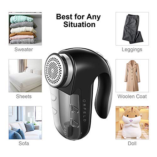 Orfeld Fabric Shaver, Lint Remover with Two Replaceable Blades & Removable bin, Best Lint Shaver for Cloths, Fabrics and Furniture, use with Batteries or Power Adapter (M, Black)