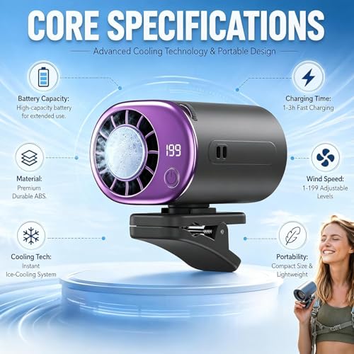 Car Clip on Air Conditioner Fan, Car Fans That Blow Cold Air, Rechargeable Mini Clip Fan with LED Display, 199-Speed Touch Control & 360° Rotation, Cars Cooling Fan for Home Office Stroller Camping
