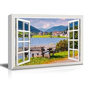 3D Visual Effect View Through Window Frame European Style Town by The Lake in The Mountain Gallery 12x18 inches