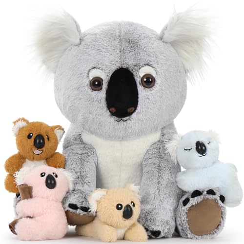 MorisMos liegend Koala Kuscheltier XXL,45cm riesen groß Plüschtier Koala mit 3 Baby, PlüschKoala Stofftier Weich Spielzeug, Geburtstag Geschenk für Ki