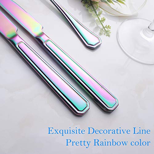 Rainbow Dinner Knife Set 6 Piece Stainless Steel Cutlery Table Knives Heavy Weight Sturdy Thick Forged Handle Silverware Flatware Eating Utensils Colourful 9.2 Inch Dishwasher Safe