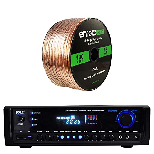 Pyle PT390BTU Bluetooth Digital Home Theater 300-Watt Stereo Receiver, with Enrock Audio 16-Gauge 100 Foot Speaker Wire