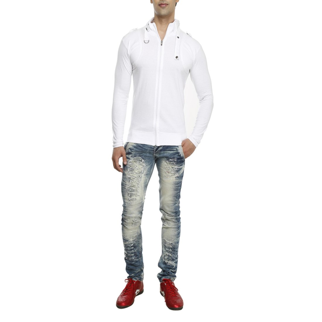 tees collection men's full zip buckle neck full sleeve white colour t-shirt