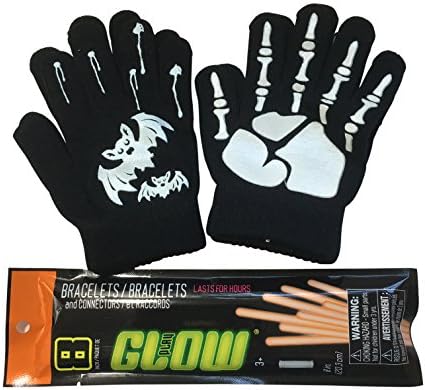 Gloves for Kids - Glow in the Dark Knit Gloves and Bracelets - Full Finger Skeleton &amp; Bat Pattern - Unisex Funny Winter Gloves for Kids