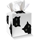 Black Cats Tissue Box Cover, Square Tissue Box Holder with Bottom Belt, PU Leather Decorative Facial Paper Organizer for Table Top, Bathroom, Car, Office-024