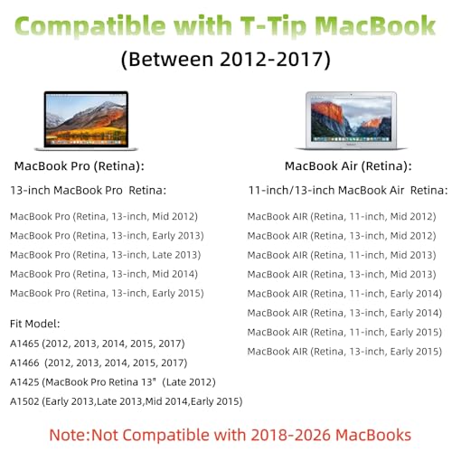 Mac Book Pro Charger 60W Mag 2 T-Tip for Mac Book Pro/Air 11/13'' 2012-2017 | Mag-netic 2 Charger 6.6FT Compatible with Old Mac Book Air/Pro A1425, A1502, A1465, A1466 Applicable to 2012-2017 (Not 2018+)