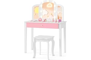 Costzon Kids Vanity, Girls Vanity Set with Mirror and Stool and Lights, Storage Drawer, Princess Toddler Makeup Vanity Desk Dressing Table, Wooden Kids Vanity Table and Chair Set (White)