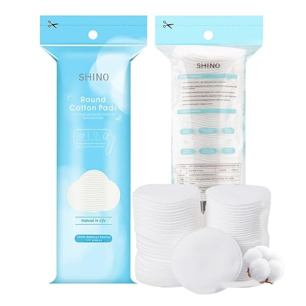 SHINO ROUND COTTON MAKEUP REMOVER PADS – 100 COUNT CHEMICAL FREE ROUND COTTON PADS – 100% COTTON FACE PADS FOR PERSONAL CARE & DAILY COMESTICS – HYPOALLERGENIC COTTON PADS FOR SENSITIVE SKIN (1 PACK)