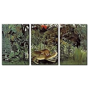 3 Panel World Famous Painting Reproduction on Canvas Wall Art - The Hungry Lion Throws Itself on The Antelope by Henri Rousseau - Modern Home Art Ready to Hang - 16"x24" x 3 Panels