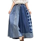 Womens Casual Loose Cropped Jeans Wide Leg Denim Pants Skirts Vintage Pants Trousers Elastic Waist with Pockets (US, Alpha, Small, XLarge, Blue Patchwork2)