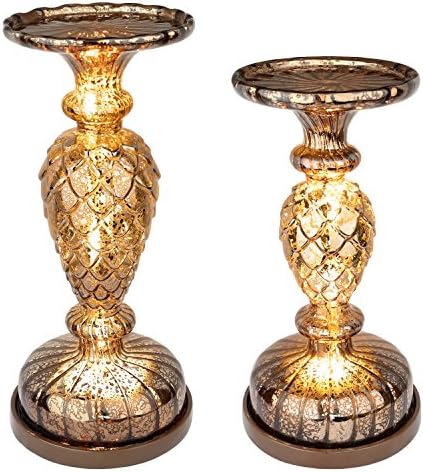 Runflory 2 Lit Pillar Candle Holder, Handmade Mercury Glass Pinecone Candle Holder Pedestals - Great Decor Accessories - Candle Centerpiece Holders with Micro LED Lights for Home Decor - Coffee