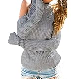 Persun Women's Gray High Neck Cold Shoulder Long Sleeve Cable-knit Sweater