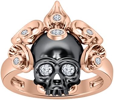 Awesome 14K Rose Gold Plated Fashion Black Skull Women Men Round Cut Created White Sapphire Wedding Engagement Ring