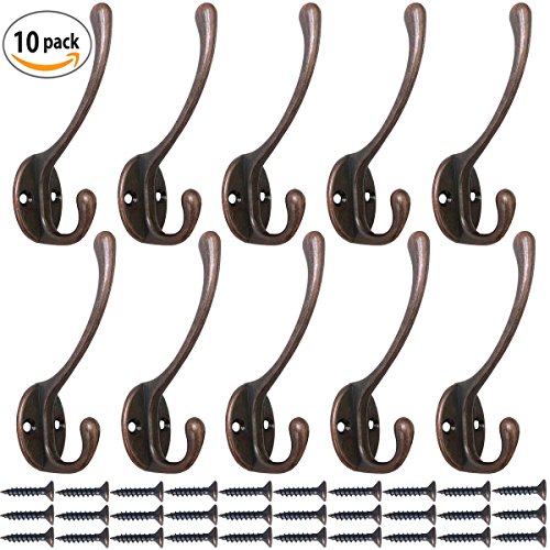 10 Pack Heavy Duty Dual Coat Hooks Wall Mounted with 30 Screws Retro Double Utility Rustic Hooks for Coat, Scarf, Bag, Towel, Key, Cap, Cup, Hat (Vintage Copper)