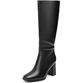 DOBOLIN Wide Calf Knee High Boots for Women Square Toe 3.5-Inch Chunky Heel Tall Boots Side Zipper Long Boots