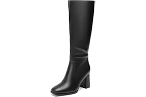 DOBOLIN Wide Calf Knee High Boots for Women Square Toe 3.5-Inch Chunky Heel Tall Boots Side Zipper Long Boots