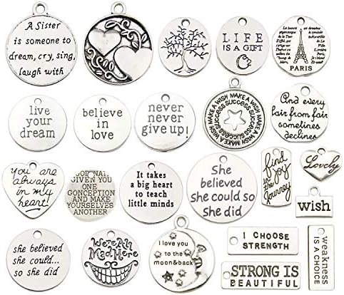 Yukucharms 42pcs Antique Silver Inspirational Words Charms Pendants for DIY Necklace Bracelets Making-M331