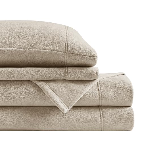 SLEEP PHILOSOPHY True North Micro Fleece Bed Sheet Set, Warm, Sheets with 14 Deep Pocket, for Cold Season Cozy Sheet-Set, Matching Pillow Case, King, Khaki, 4 Piece