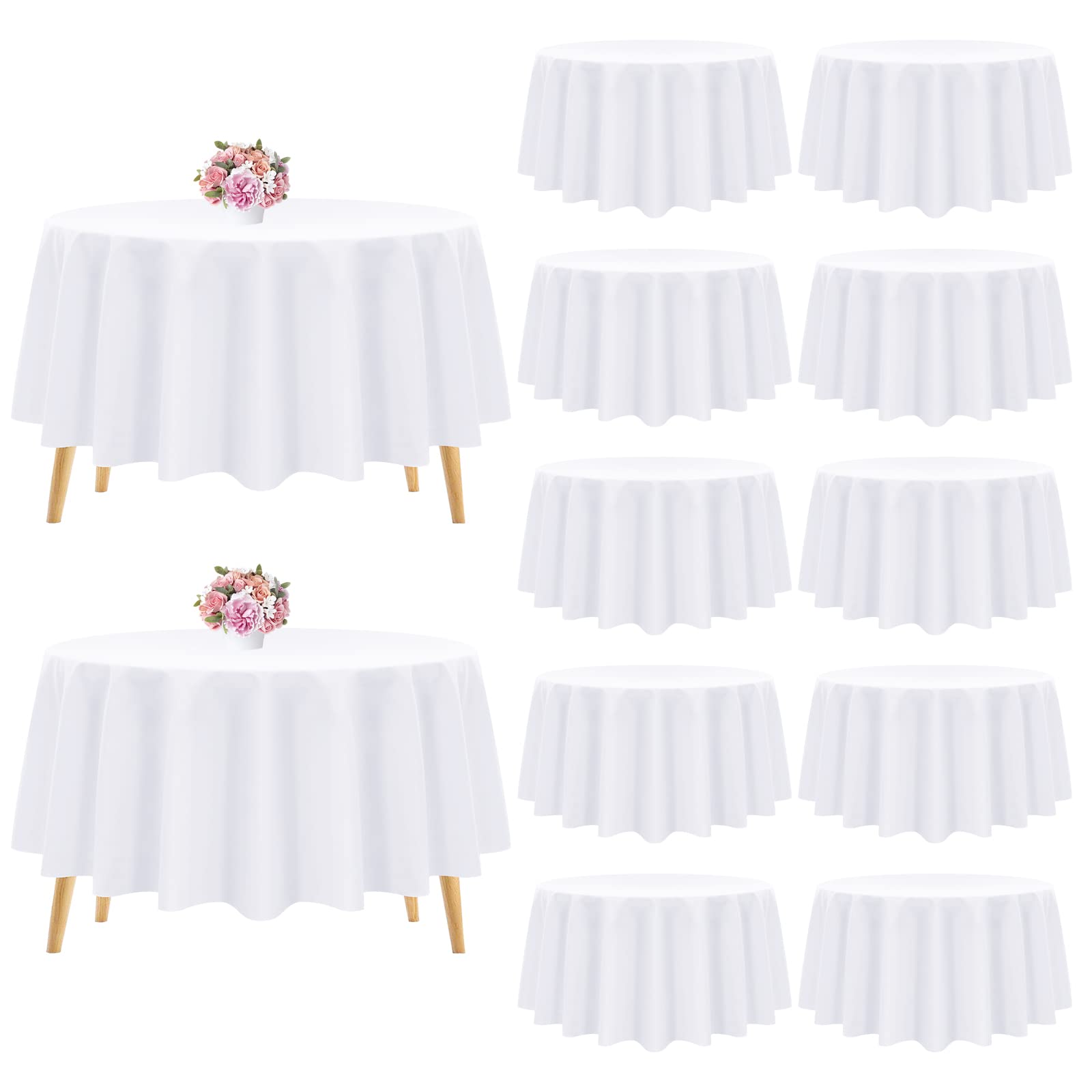 Photo 1 of (RETANGLE) (USED/FAIR) Pesonlook 12 Pack Round Tablecloth White Polyester Table Cloths 90 Inch Washable Fabric Round Table Cover White Tablecloth for Wedding/Party/Banquet