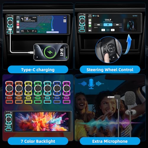 6,28” Autoradio 1 DIN con Schermo,Car Radio con Wireless CarPlay Android Auto,Radio 1 Din Car Play Supporta Bluetooth,Mirror Link, Telecamera Posteriore,FM,EQ,Type-C,Mic,Touchscreen,Navigazione GPS