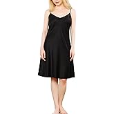 QENSILK Women’s 19 Momme Mulberry Silk Nightgown V-neck Chemise Knee-length Sleepwear Spaghetti-Strap Nightdress Slip Dress