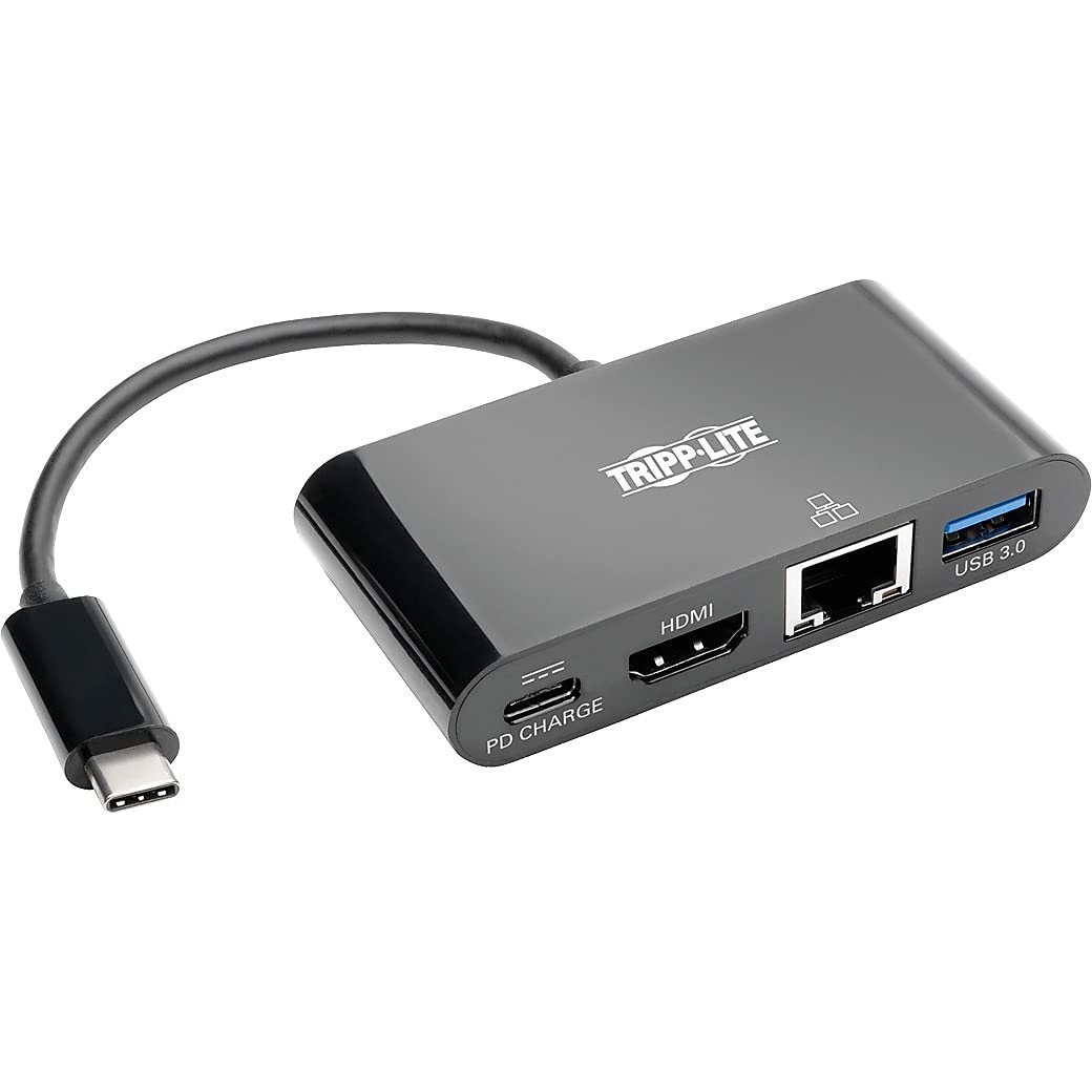 Tripp Lite U444-06N-H4GUBC USB-C to HDMI Adapter with USB-A Hub, Gigabit Ethernet, Thunderbolt 3, 4K - PD Charging, 30 Hz, Black