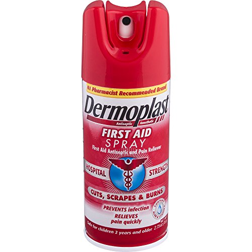 UPC 851409007240, Dermoplast First Aid Pain Relief Spray with Antiseptic to Help Prevent Infection in Minor Cuts, Scrapes and Burns. 20% Benzocaine and 0.2% Benzethonium Chloride, 2.75oz can.