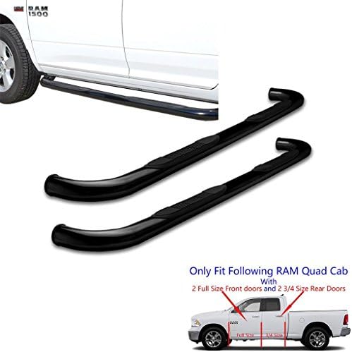 3" Black Round Running Boards for 2009-2018 (NO 2019) Dodge Ram 1500 Quad Cab, 2010-2019 Ram 2500 3500 Quad Cab (2 Half Size Rear Doors) nerf Bars Side Steps RB07S0817B