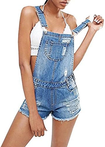 Offergood Womens Denim Bib Overall Jumpsuit Casual Ripped Hole Shorts Jeans