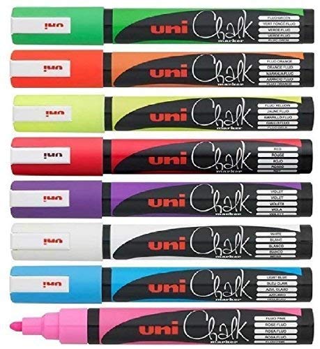 Uni-Ball PWE-5M Liquid Chalk Marker - 1.8 - 2.5mm - 1 of Each Colour - Pack of 8