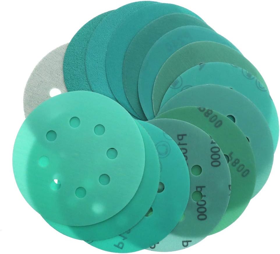 20Pcs 5 Inch 125Mm 8 Holes Sandpaper 60 To 2000 Grits Hook And Loop Green Film Sanding Disc 120
