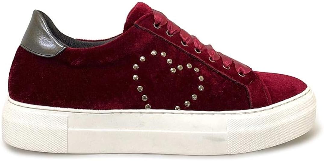 Burgundy Velvet Sneakers with Studded Heart and Genuine Leather Satin Laces Made in Italy Size