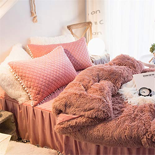 MooWoo Velvet Flannel Pillowcases,2 PC Pom Poms Fringe Pillow Shams Diamond Quilted Pattern, Zipper Closure (Tea Rose, Standard 20X30 Inches)