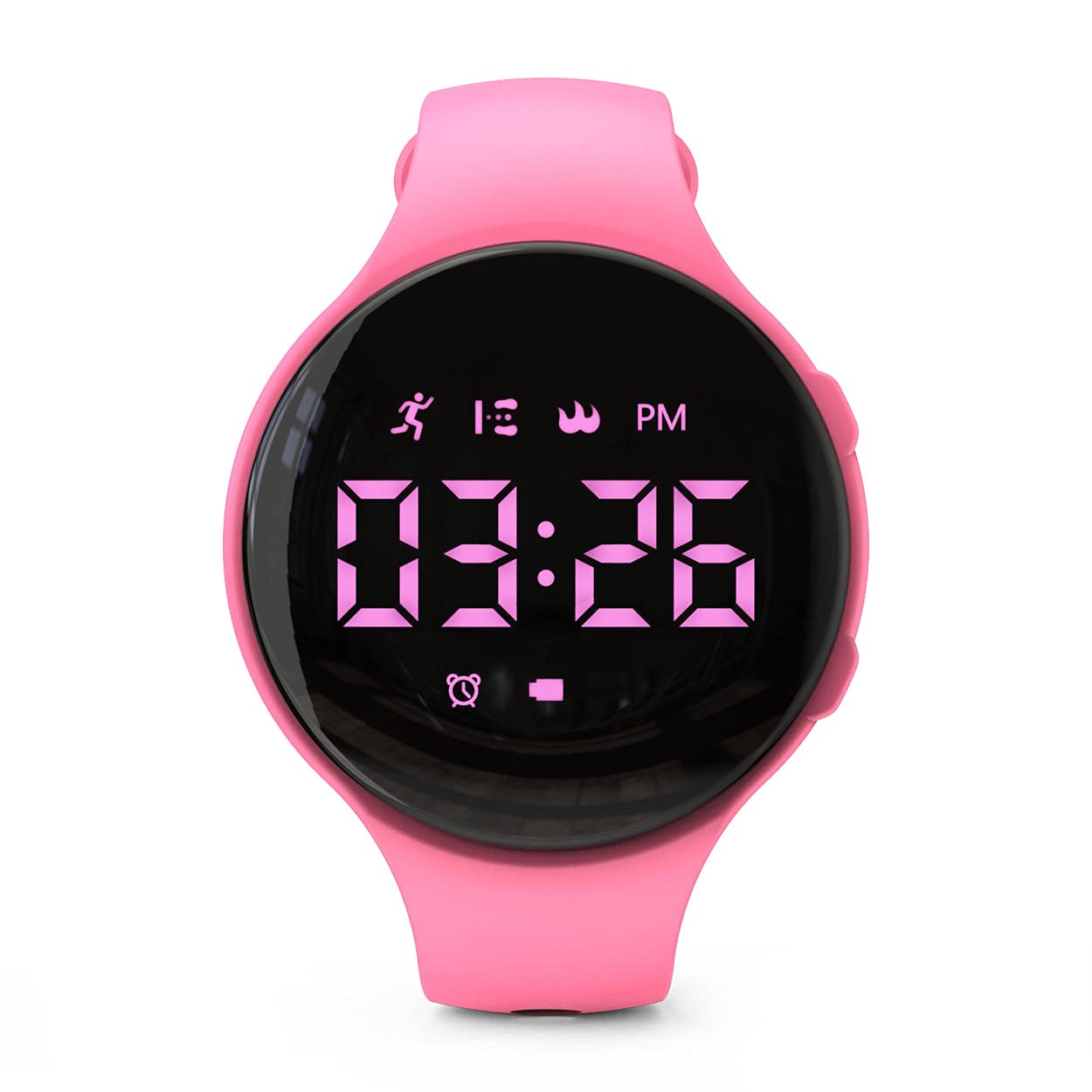 Focwony Non-bluetooth Led Fitness tracker watch,Digital Pedometer watch,with Step Counting/Distance/Calories/Stopwatch/Alarm Clock, Great Gift for Kids Teens Girls Boys Xmas (Round - pink)